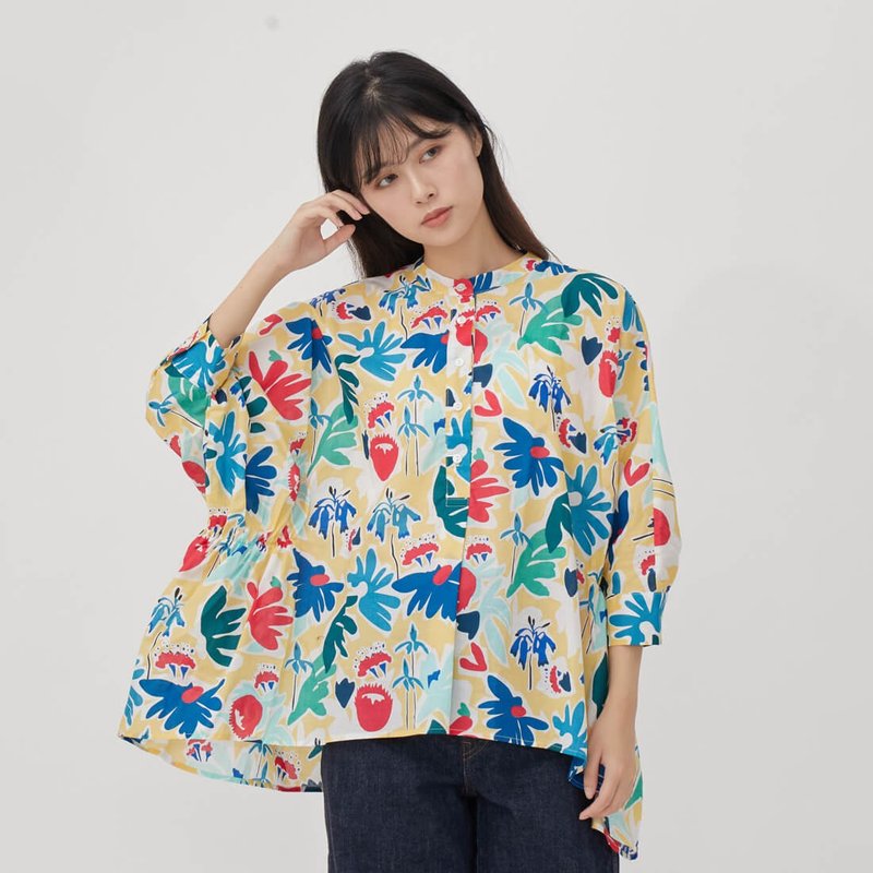 Aqua 半襟細褶寬版上衣/繽紛黃 - 女装上衣 - 棉．麻 黄色