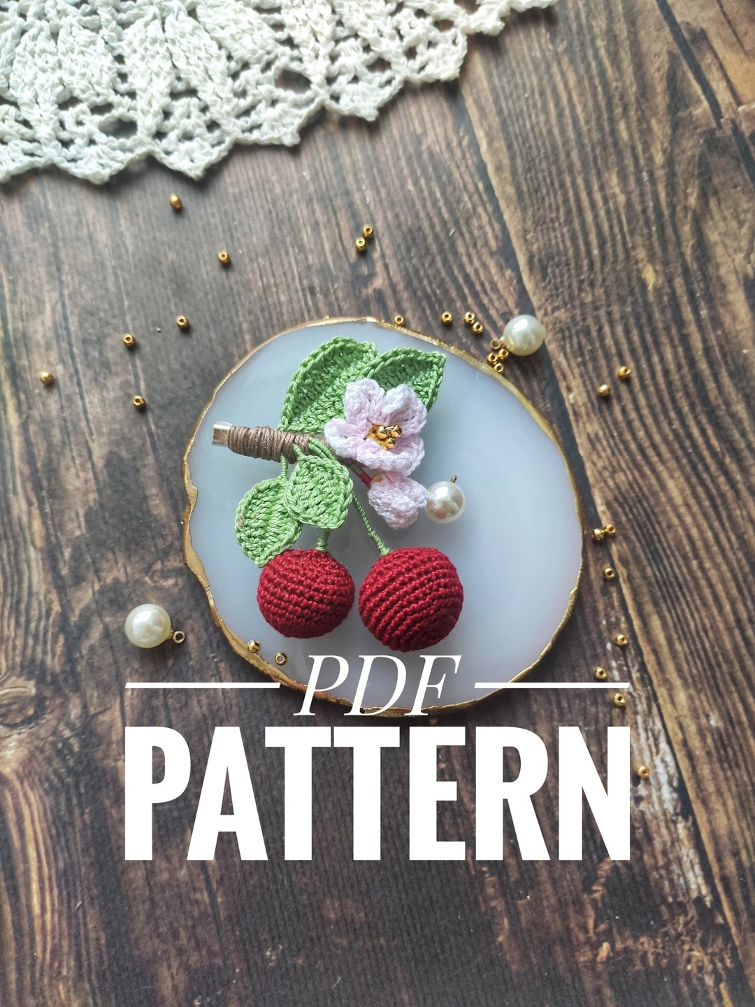 Cherry pin Crochet PATTERN PDF, 樱桃胸针, 樱花胸针, 红果别针 - 编织/刺绣/羊毛毡/裁缝 - 棉 红色