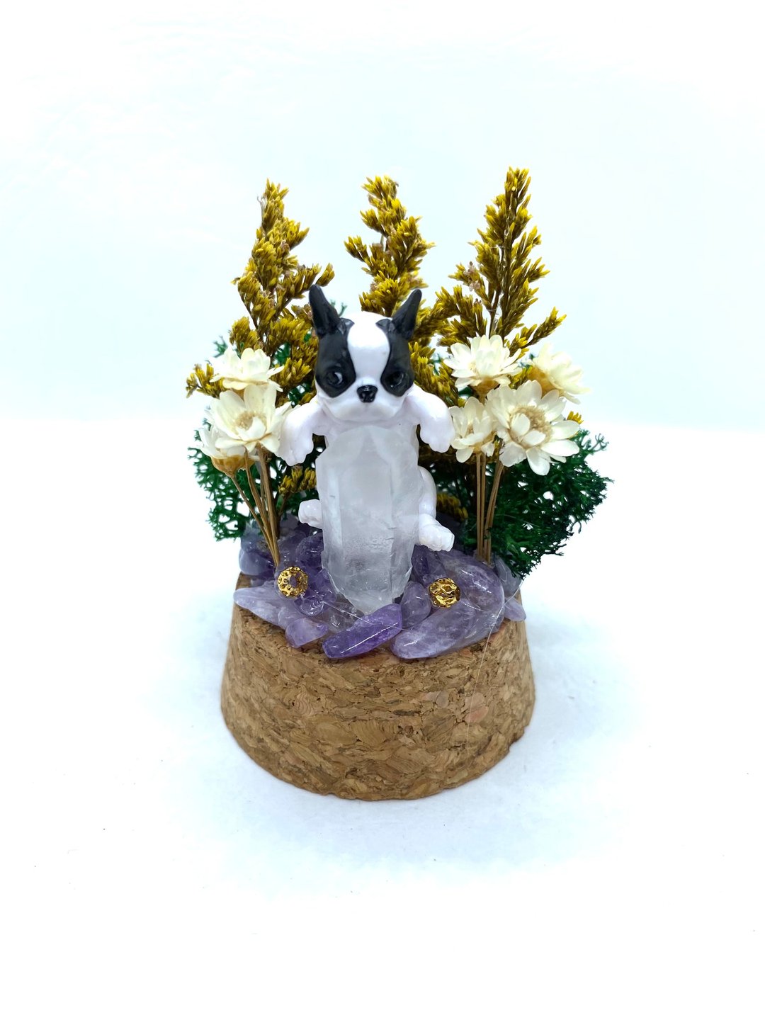 绿色森林-斗牛犬与白水晶-手工玻璃罩公仔/水晶/干燥花摆设 - 摆饰 - 水晶 