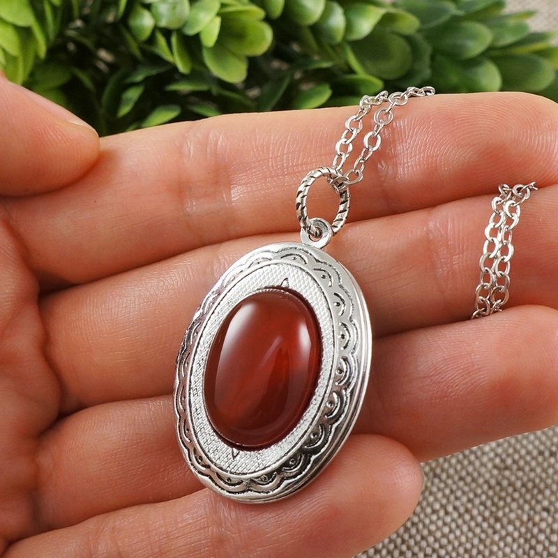Fire Red Carnelian Silver Oval Photo Locket Pendant Necklace Woman Jewelry Gift - 项链 - 其他材质 红色