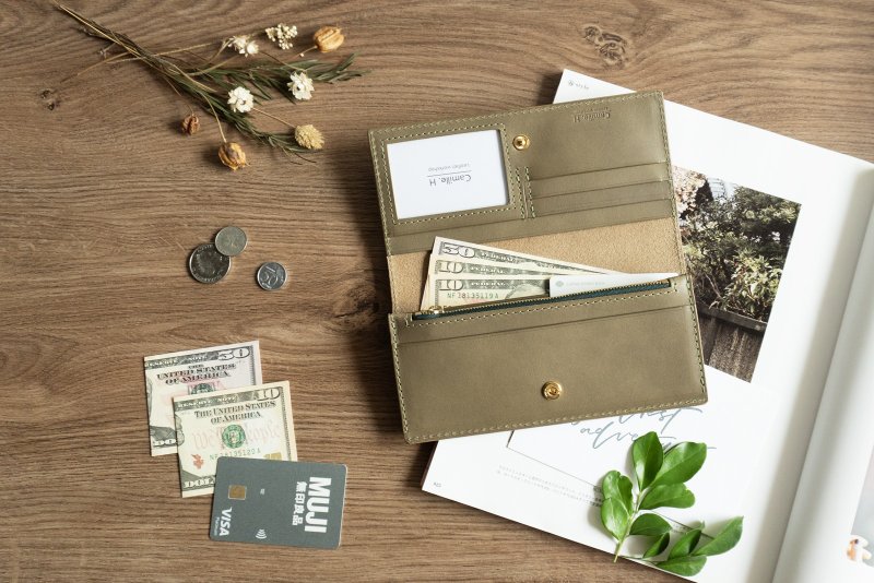 橄榄绿 简约长夹9卡丨意大利牛皮钱包 免费定制打字丨礼物纪念 - 皮夹/钱包 - 真皮 绿色