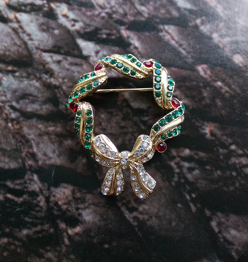 Vintage Jewelry 西洋古董饰品 圣诞 MONET 蝴蝶结圣诞圈 别针 - 徽章/别针 - 其他金属 金色