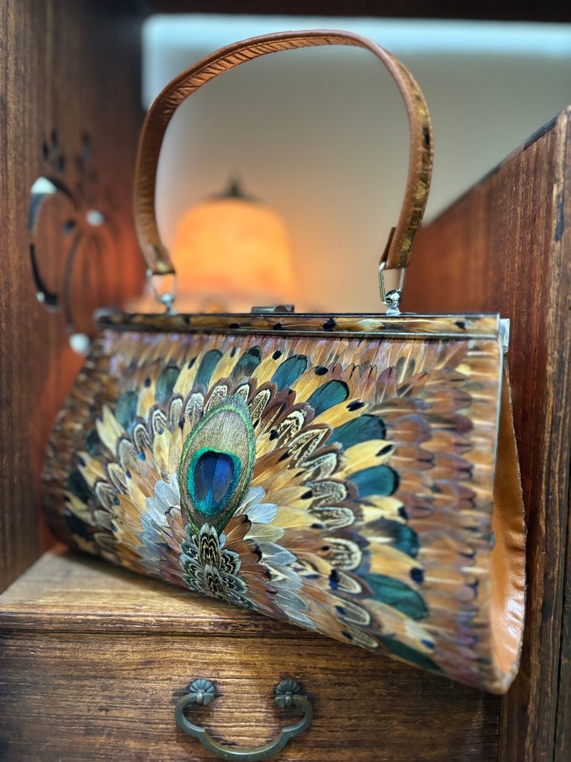 孔雀羽毛古董手提晚宴包 - 手拿包 - 真皮 咖啡色