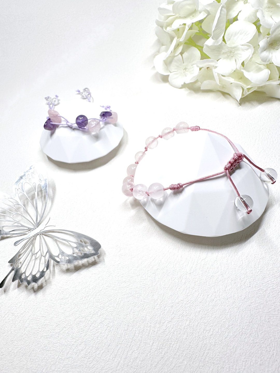 粉晶 Rose Quartz + 白水晶 Clear Quartz 绳结手链 - 手链/手环 - 水晶 
