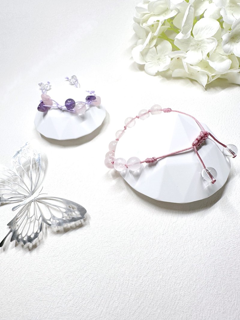 粉晶 Rose Quartz + 白水晶 Clear Quartz 绳结手链 - 手链/手环 - 水晶 