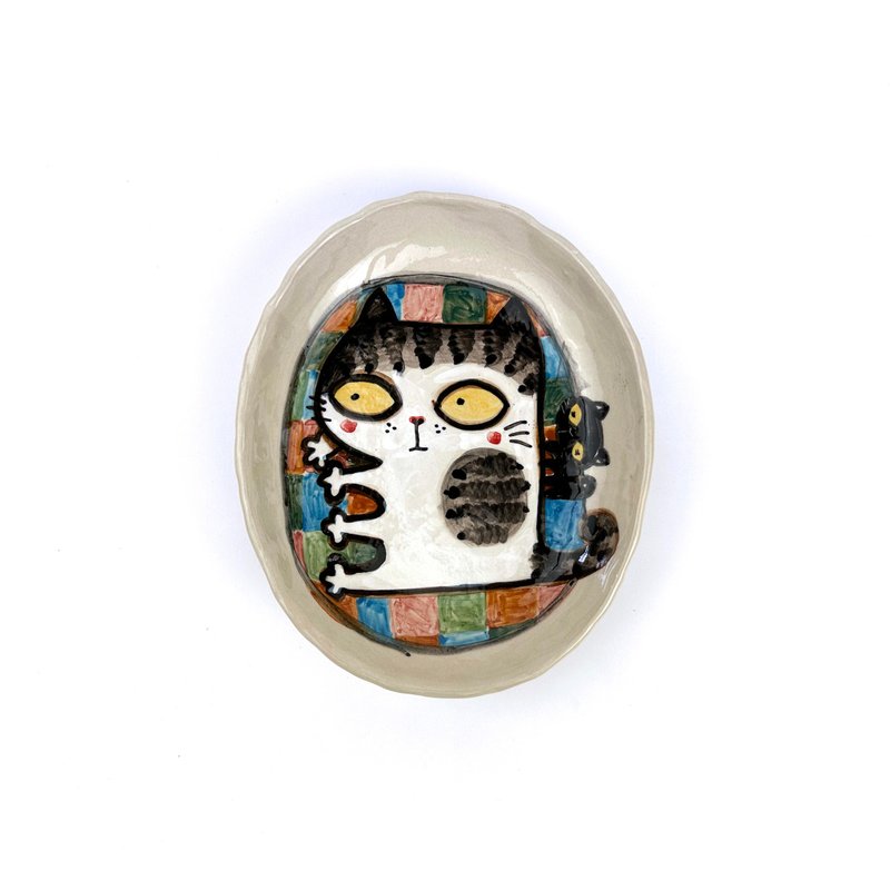 Nice Little Clay 椭圆盘 可爱猫 0302-61 - 盘子/餐盘/盘架 - 陶 白色