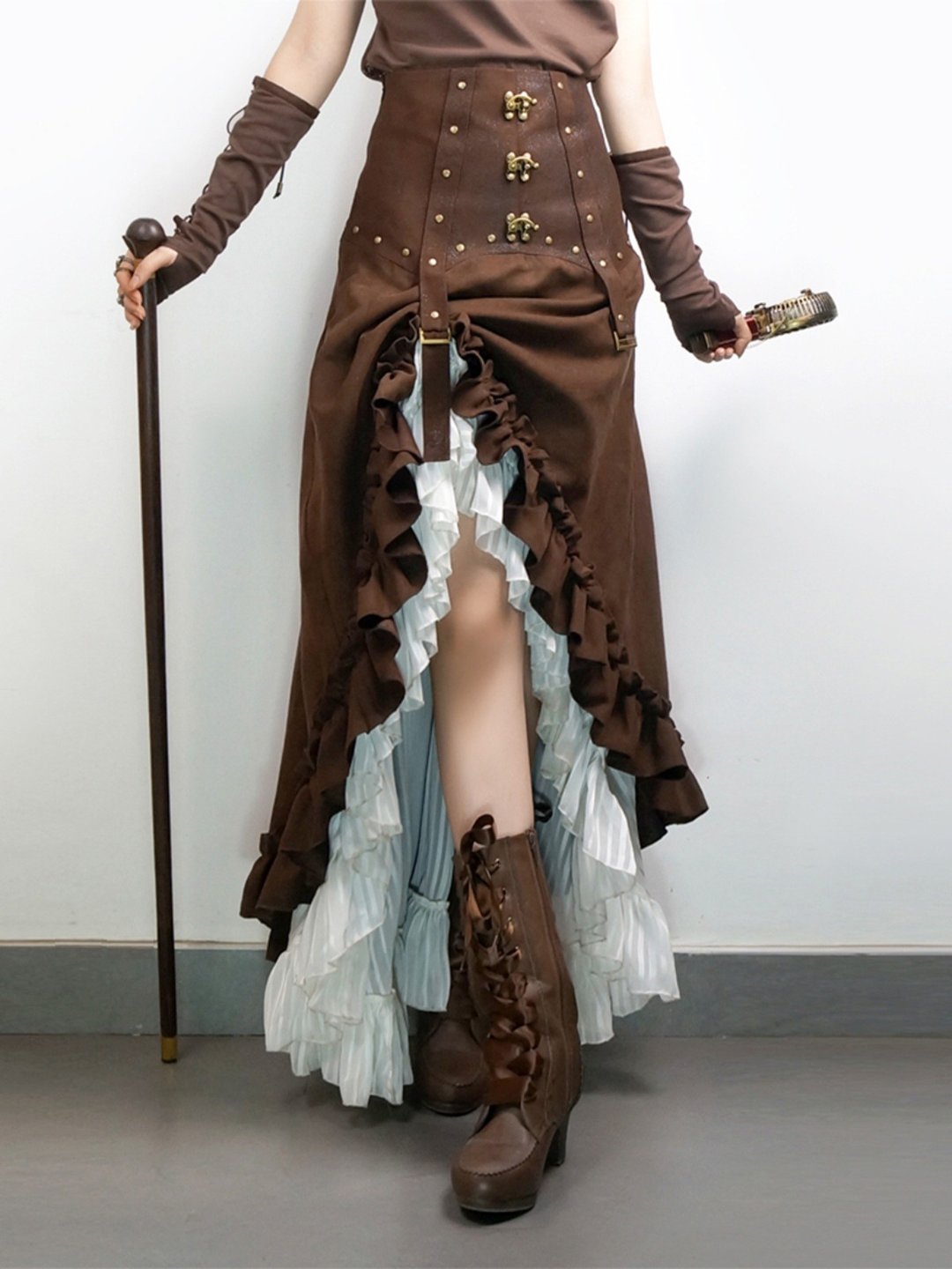 蒸汽朋克 steampunk 维多利亚风 白雪纺 多层复古高腰 长半裙 - 晚装/礼服 - 聚酯纤维 咖啡色