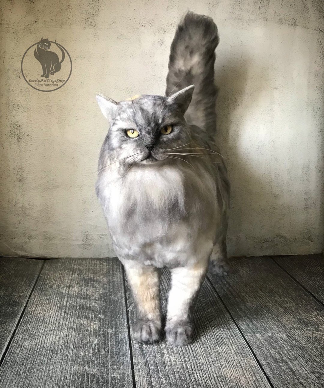 Cat. Realistic life size felt toy. - 玩偶/公仔 - 羊毛 灰色