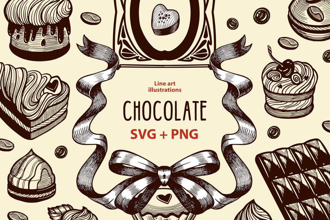 Chocolate clipart SVG, Vintage style PNG line art, Dessert Clipart, Candy png - 电子喜帖/贺卡/邀请函 - 其他材质 
