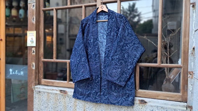 AMIN'S SHINY WORLD 藏青丹宁不规则变形虫提花KIMONO  Reversibl - 男装外套 - 棉．麻 蓝色