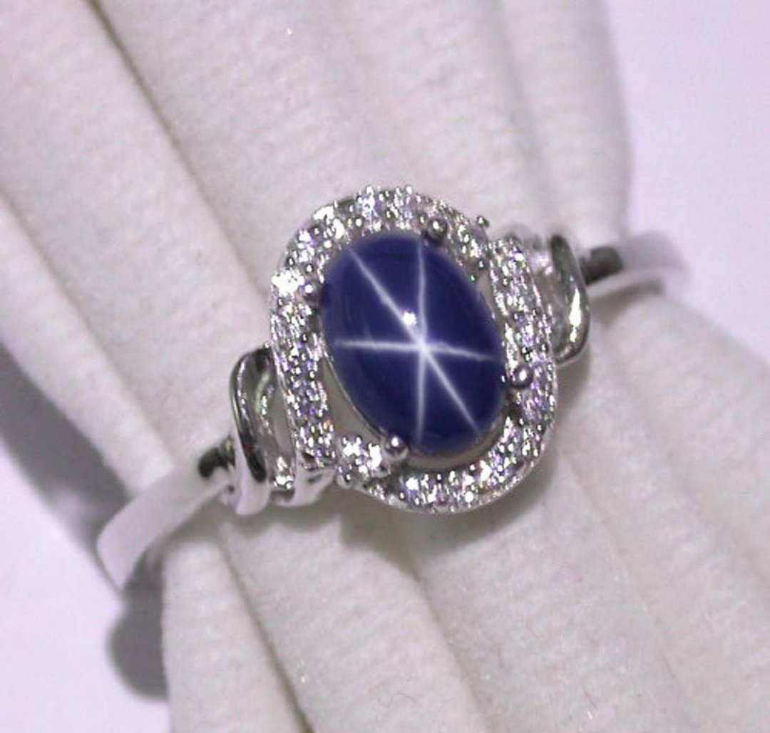 8 x 6 mm. Natural star blue sapphier ring silver sterling size 7.0 free resize - 戒指 - 纯银 白色