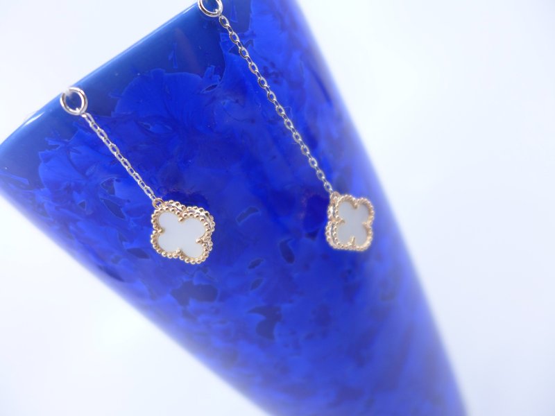 (现货一套) 白雾 (玫瑰金x白珍珠母)四叶草事业草18K耳环长短吊饰 - 耳环/耳夹 - 贝壳 白色