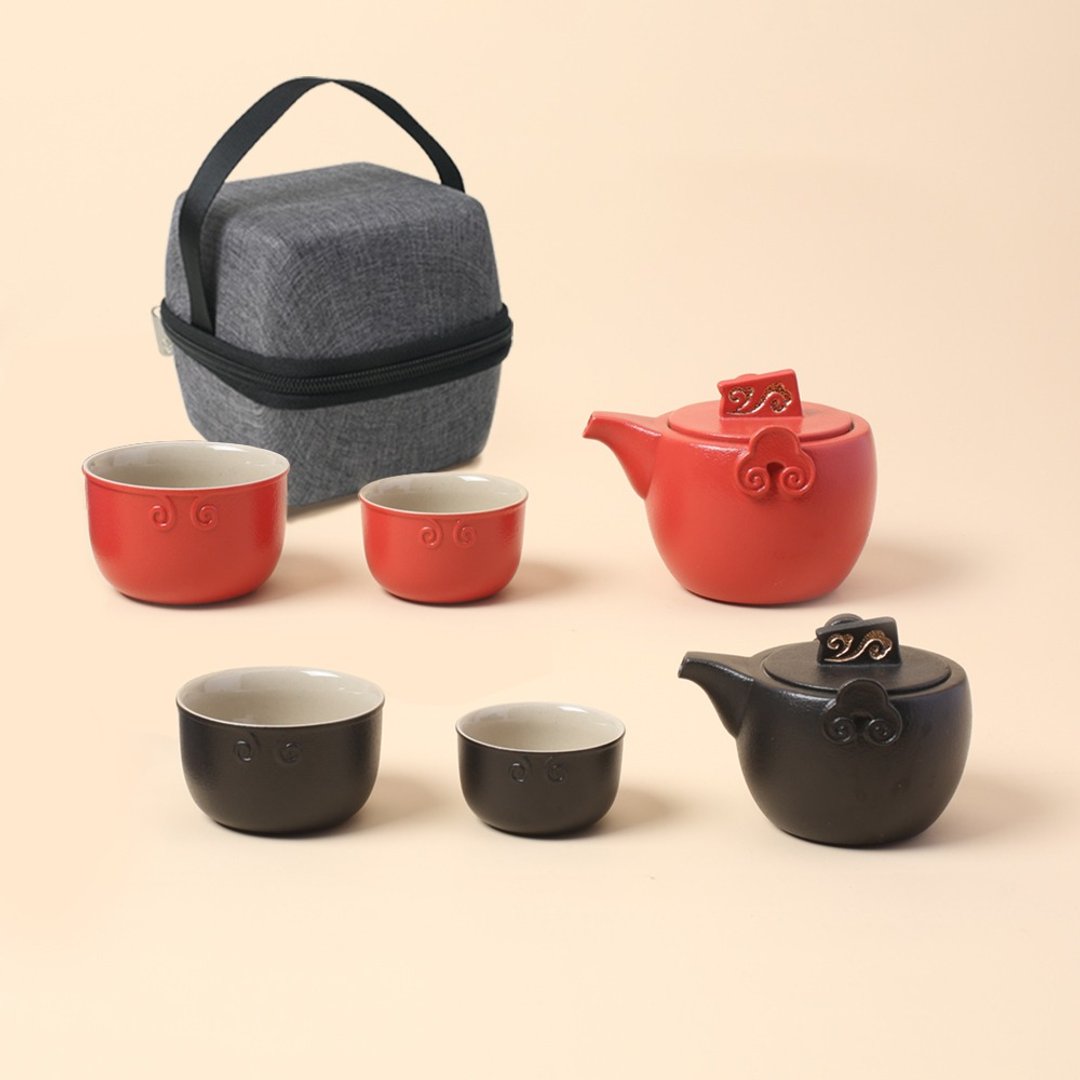 【礼物首选】陆宝 称心如意旅行组 一壶两杯 + 便携包 旅行茶具 - 茶具/茶杯 - 陶 红色