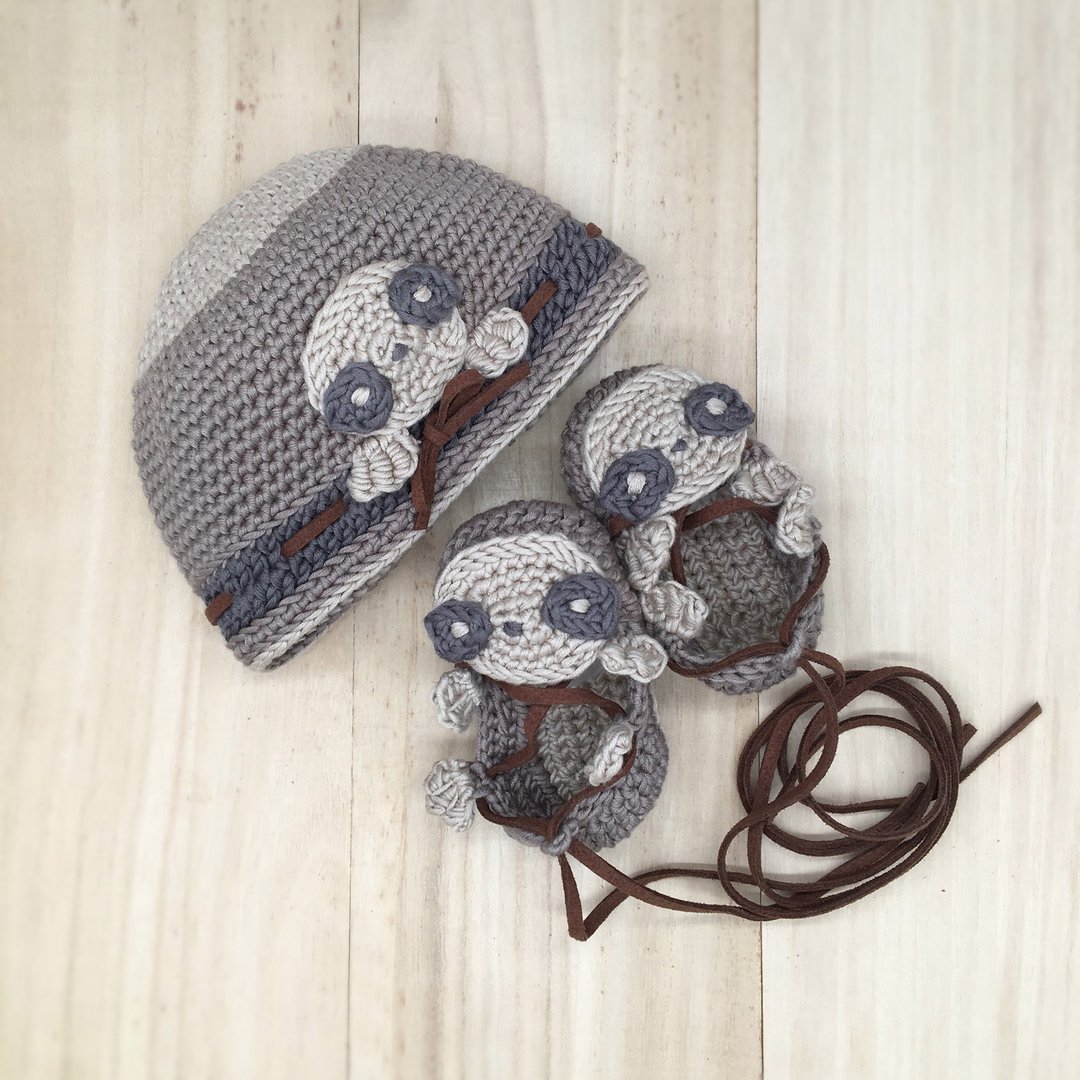 Sloth Crochet Baby Hat & Footwear - Sloth Tie Sandals Booties - Sloth Beanie - 满月礼盒 - 棉 咖啡色
