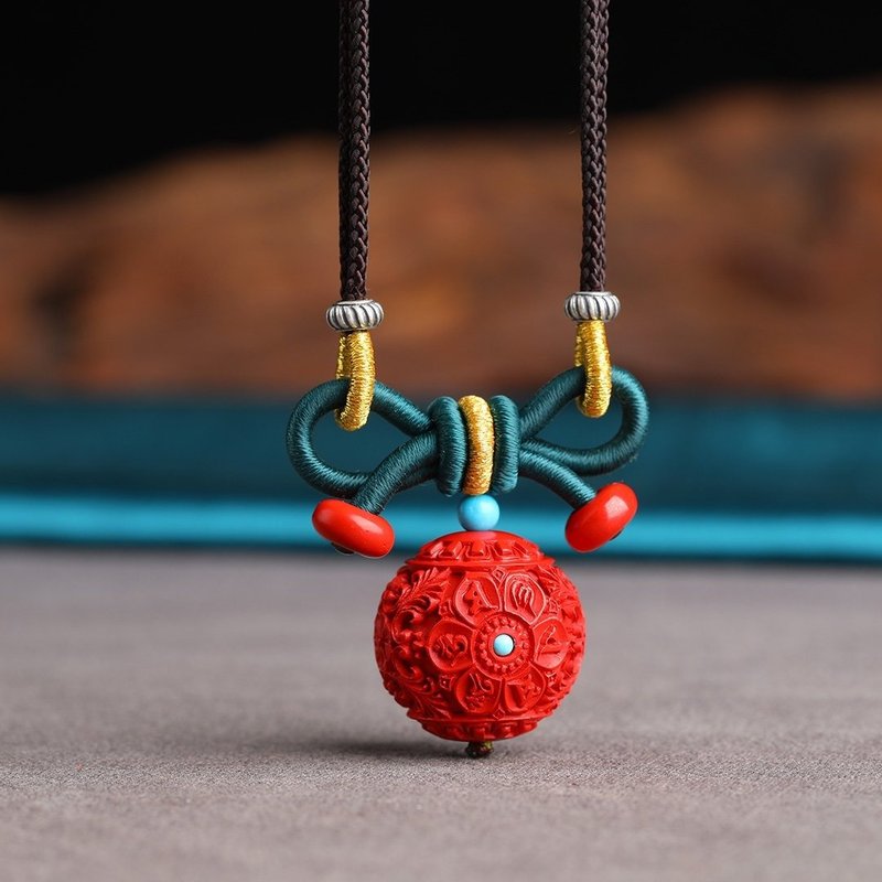 天然原矿朱砂精品红砂六字真言花珠锁骨链 吊坠 镶嵌天然绿松石 - 钥匙链/钥匙包 - 宝石 