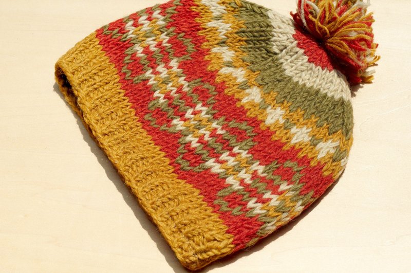 情人节礼物 创意礼物 手工编织纯羊毛帽/ 编织帽 / 针织毛帽 / 内刷毛手织毛帽 / 毛线帽 - 沙漠世界 东欧图腾几何缤纷 ( 手工限量一件 ) - 帽子 - 羊毛 多色