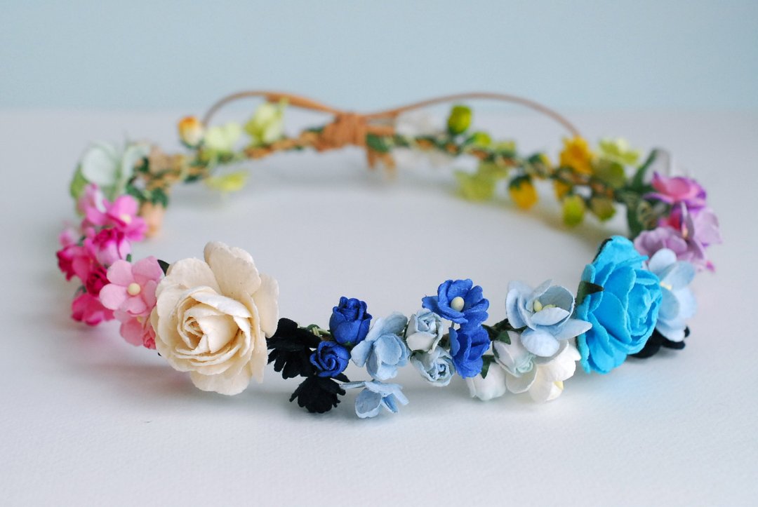 Paper Flower, Headband, Crown, ONLY ONE PIECE, Circle wild 20 cm.of white, blue, bright blue ,green, purple brush and yellow brush Color. - 发饰 - 纸 