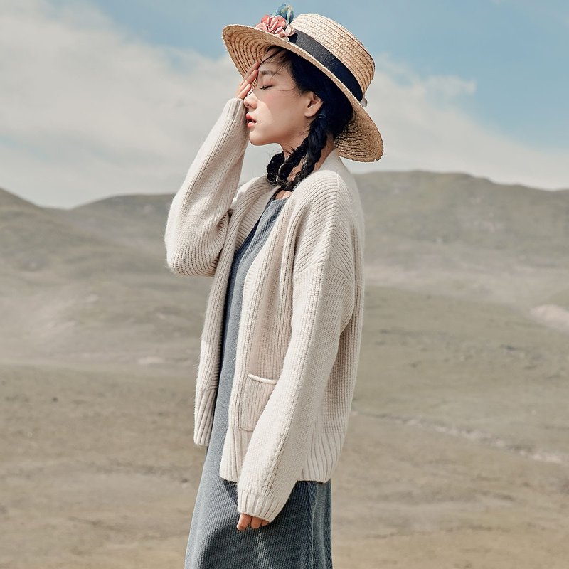 安妮陈2017秋装新款纯色无领针织外套 - 女装针织衫/毛衣 - 棉．麻 白色