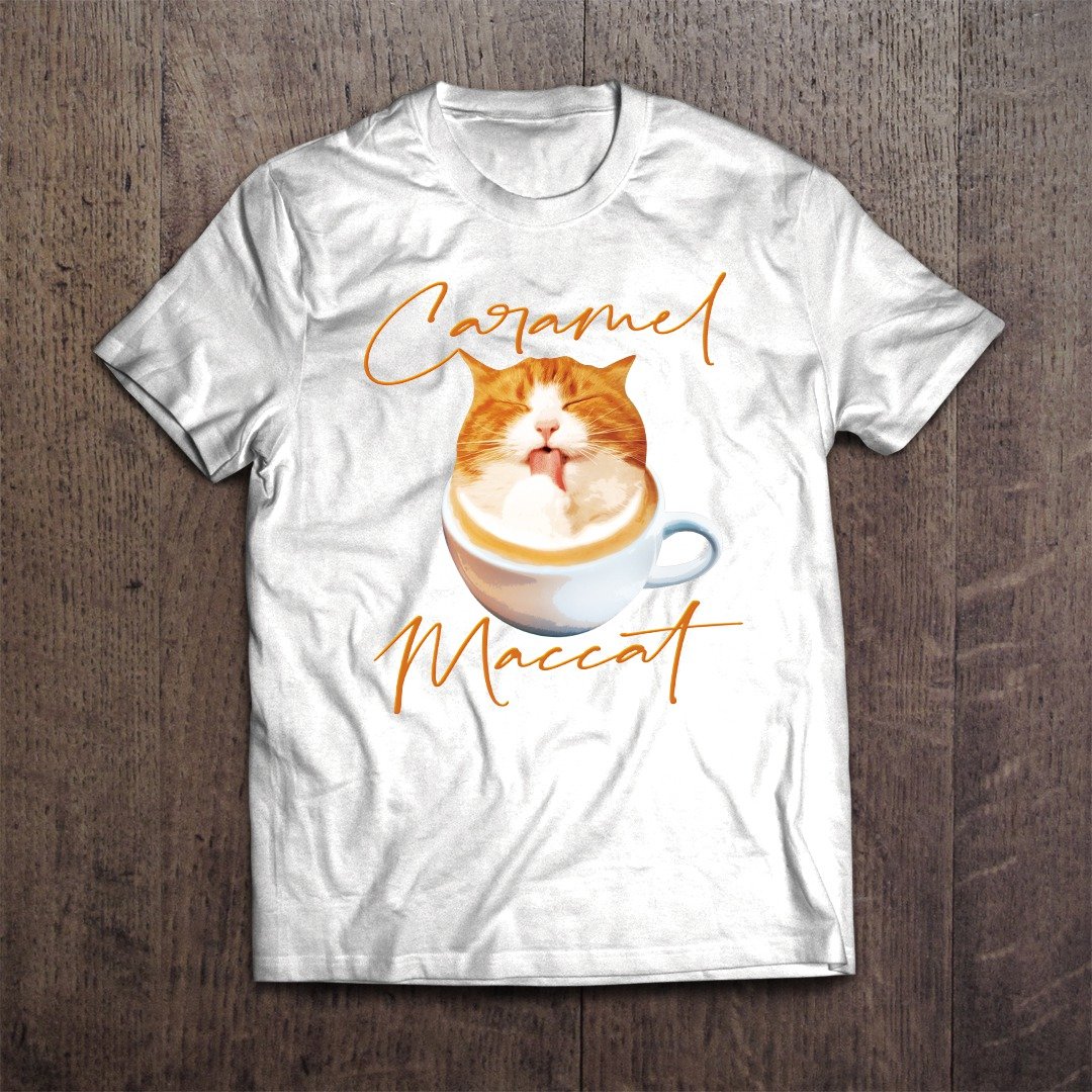 Cat Pun T-shirt Caramel McCat - 女装 T 恤 - 棉．麻 白色