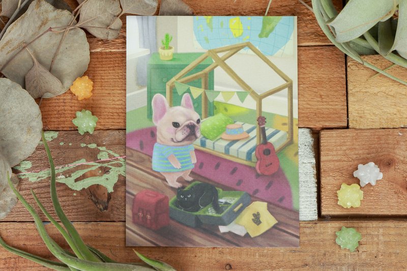 法斗插画明信片 - 准备去旅行 麦戈的日常系列 - 卡片/明信片 - 纸 绿色