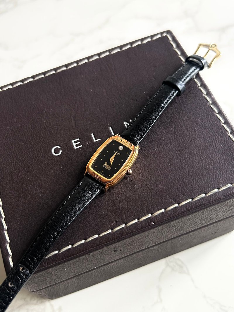 绝版古董表 Celine 黑金色皮革表带马车手表 石英中古二手表 腕表 - 女表 - 其他金属 黑色