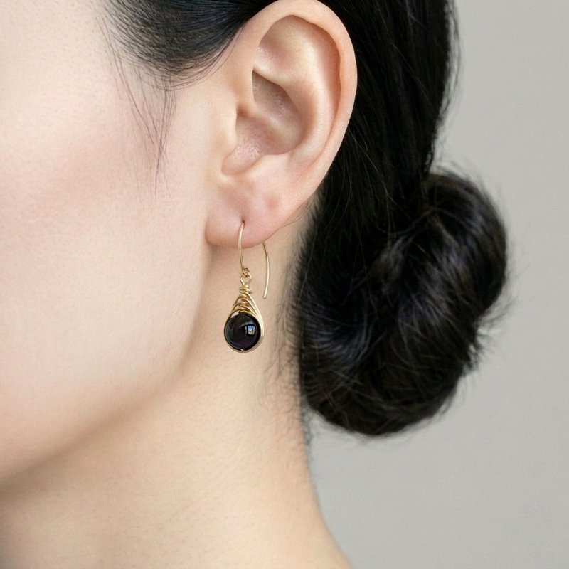 黑玛瑙 Herringbone 编织坠 14Kgf 包金耳环 定制 地中海之眼 - 耳环/耳夹 - 半宝石 黑色