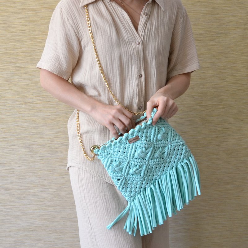 Macrame 薄荷色手拿包 Macrame 柳条单肩包 Boho 包钱包小包女士 - 手拿包 - 棉．麻 