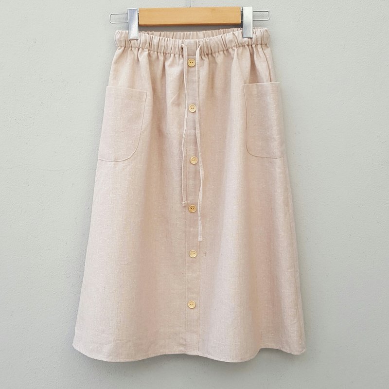 Linen skirt with Wooden buttons - Beige - 裙子 - 棉．麻 白色
