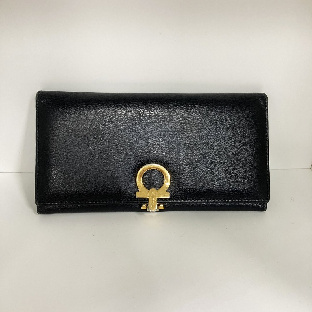 Salvatore Ferragamo 黑色 牛皮 金色钢扣 意大利 古董皮夹 长夹 - 皮夹/钱包 - 真皮 黑色