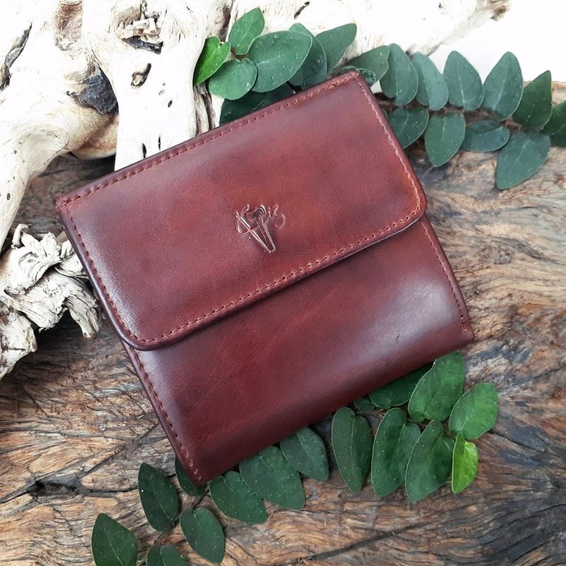 袖珍型真皮短皮夹 口袋式卡夹零钱包短夹/光泽咖-情人节/刻字 - 皮夹/钱包 - 真皮 咖啡色