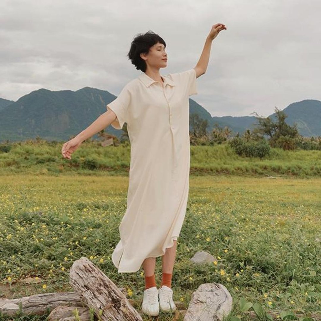 女装五分袖长洋装-米白 - 洋装/连衣裙 - 棉 白色
