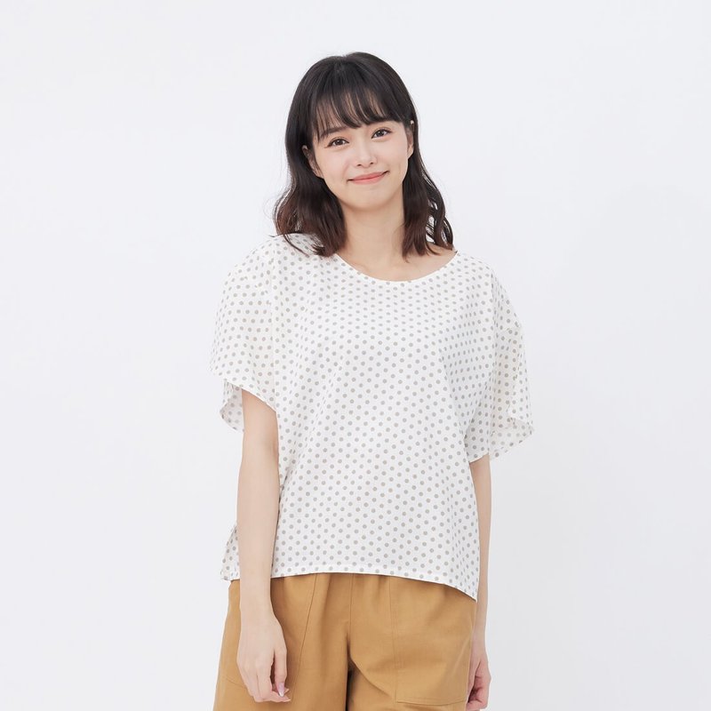 Martina圓領肩車褶寬袖上衣/灰點 - 女装上衣 - 棉．麻 白色