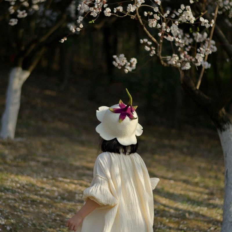 蘑菇梦羊毛毡手工樱花成人儿童桃花甜美可爱宝宝帽子花朵帽甜美 - 帽子 - 羊毛 白色