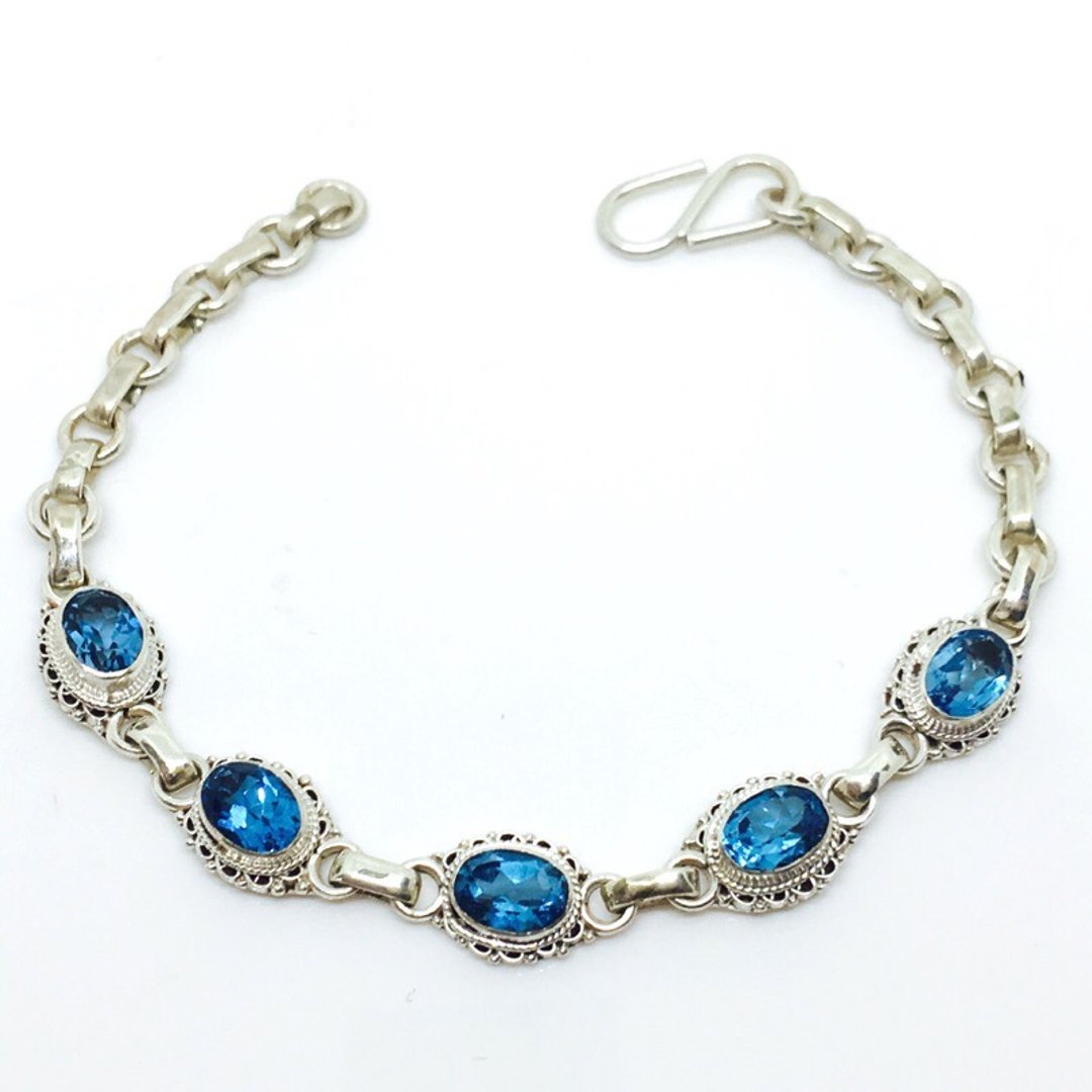 蓝托帕石blue topaz 925纯银典雅花边手链 尼泊尔手工镶嵌制作 - 手链/手环 - 宝石 蓝色
