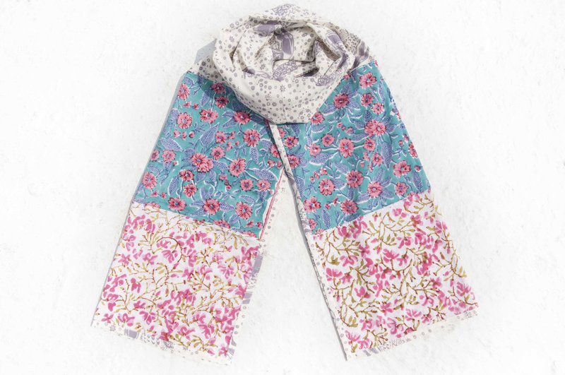 手织纯绵丝巾 手工木刻印植物染围巾 草木染棉丝巾-蓝色花园森林 - 丝巾 - 棉．麻 多色