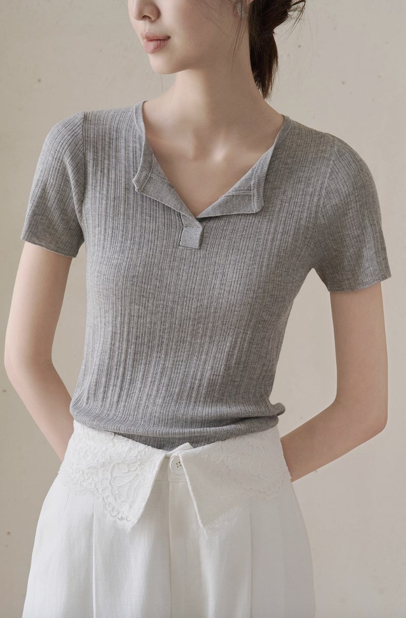 真丝羊毛混纺 提花肌理感针织短袖T恤 - 女装 T 恤 - 其他材质 多色