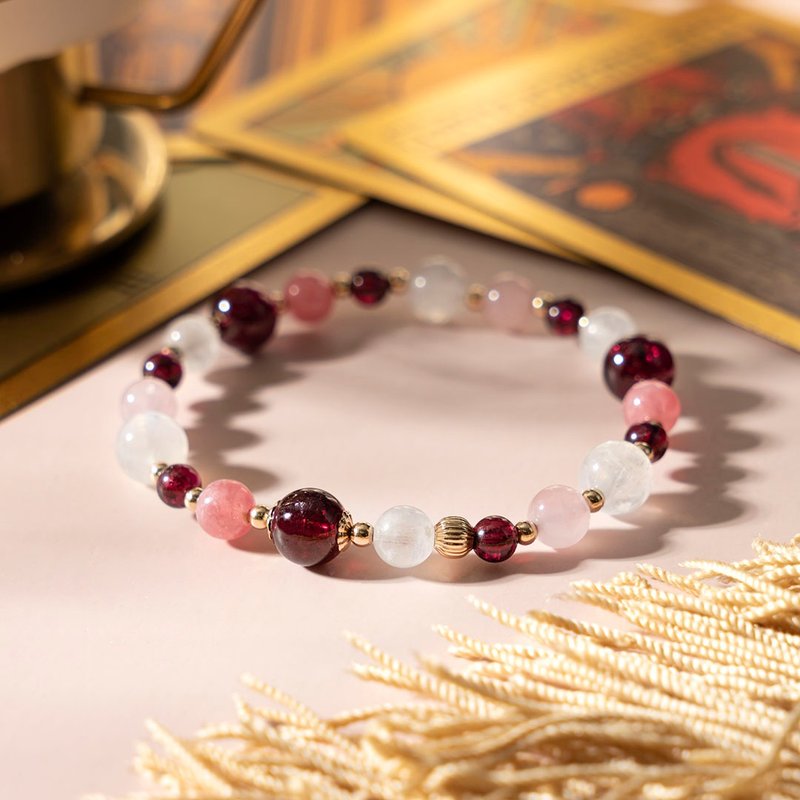 紫牙乌石榴石红纹石月光石14K包金 水晶手链 招桃花 - 手链/手环 - 水晶 红色
