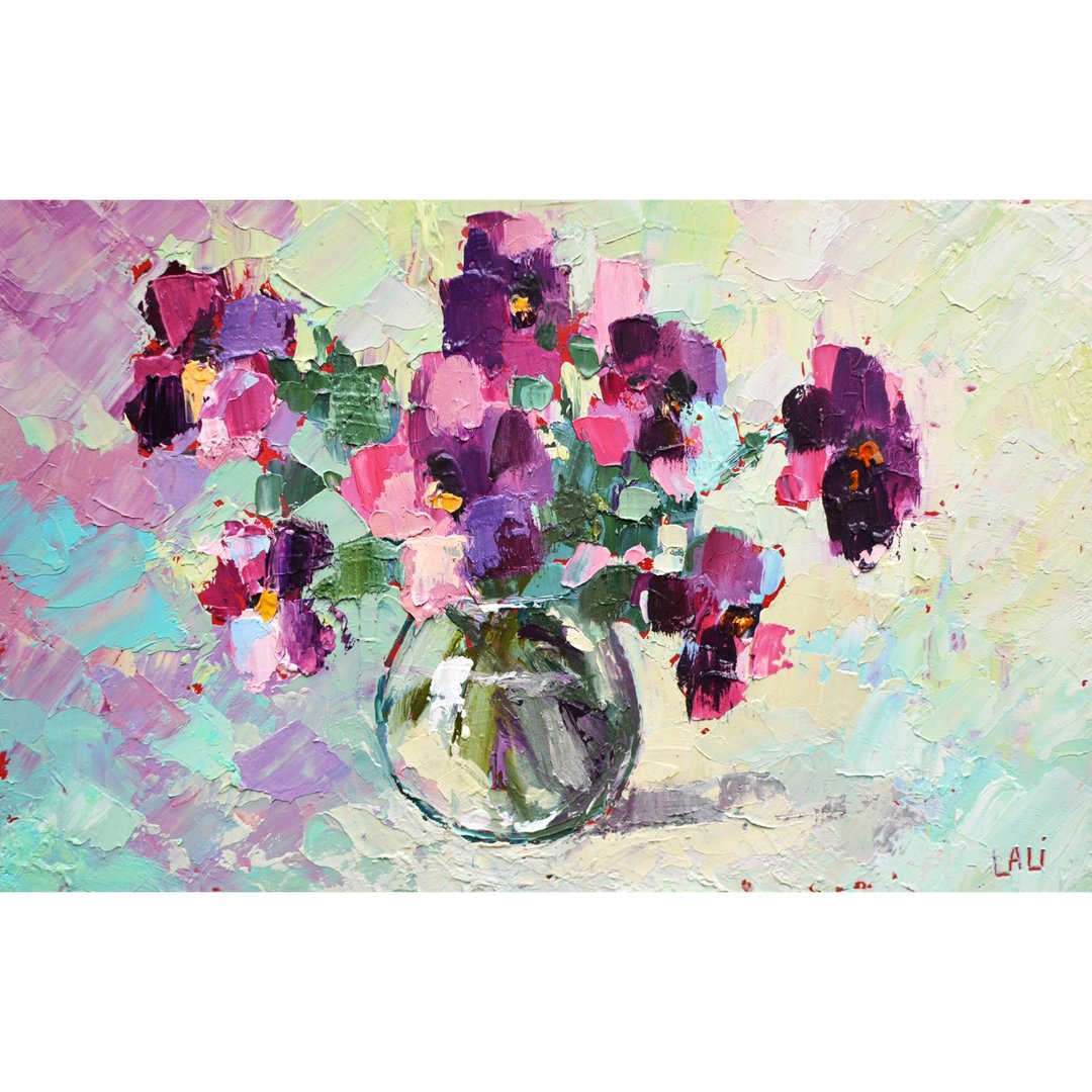 原创油画 20x15cm 菊花紫色现代艺术花瓶里的樱花 - 插画/绘画/写字 - 其他材质 紫色