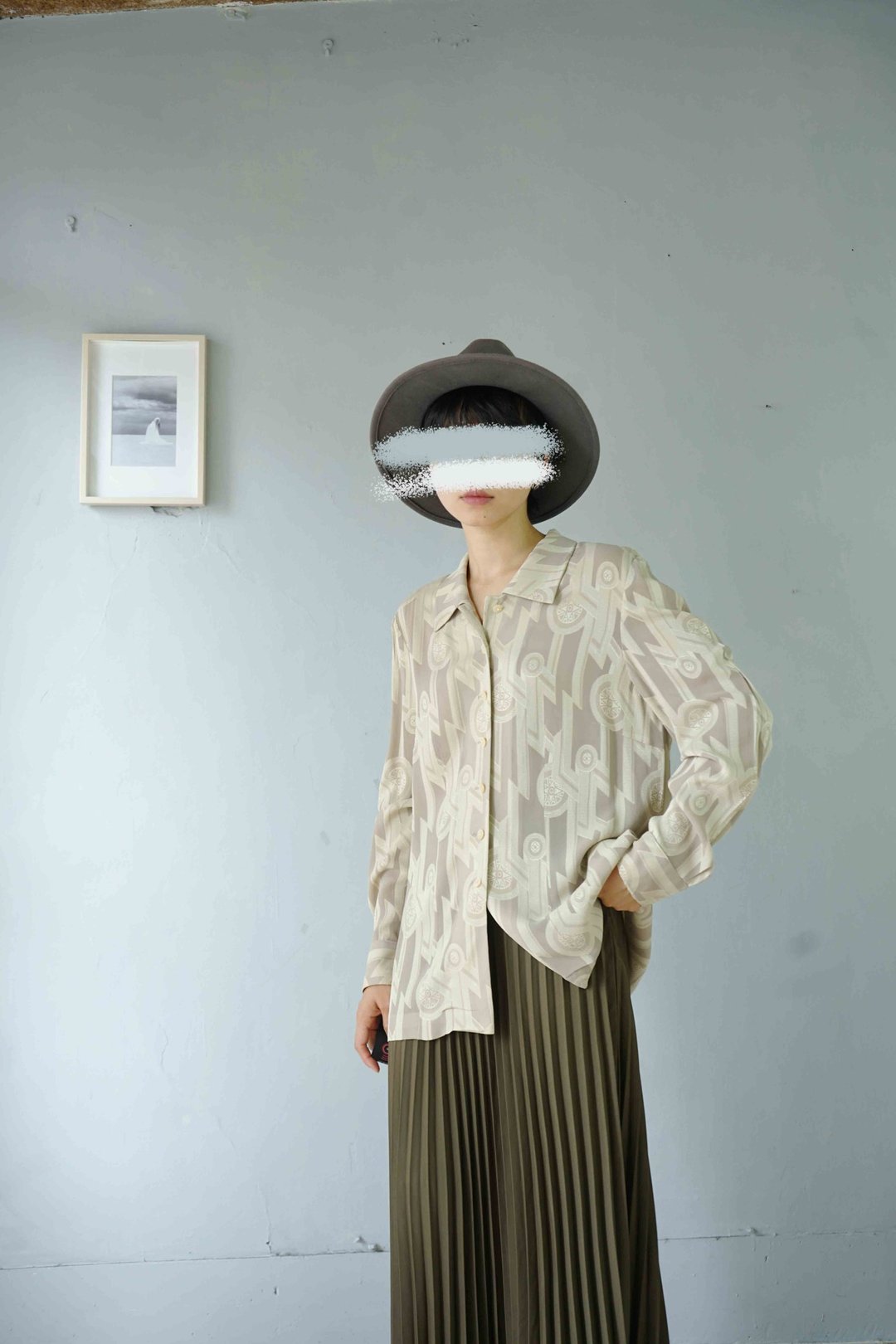 寻宝古着-浪漫古罗马建筑意象透肤灰卡其缇花复古衬衫 - 女装衬衫 - 聚酯纤维 卡其色