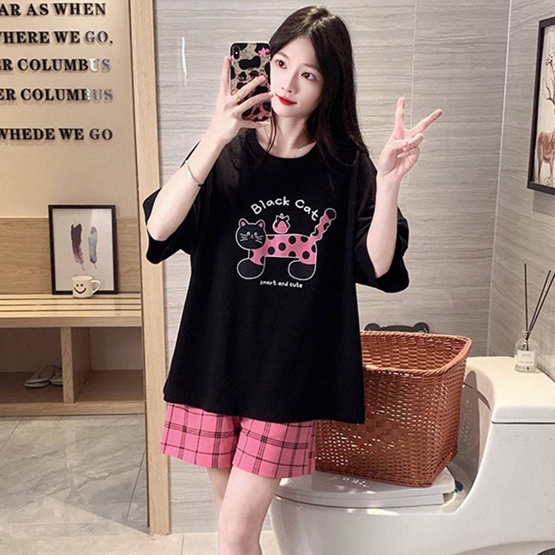 Pink Lady 棉柔成套睡衣 点点小猫 落肩短袖 两件式女睡衣 居家服 - 居家服/睡衣 - 其他人造纤维 黑色