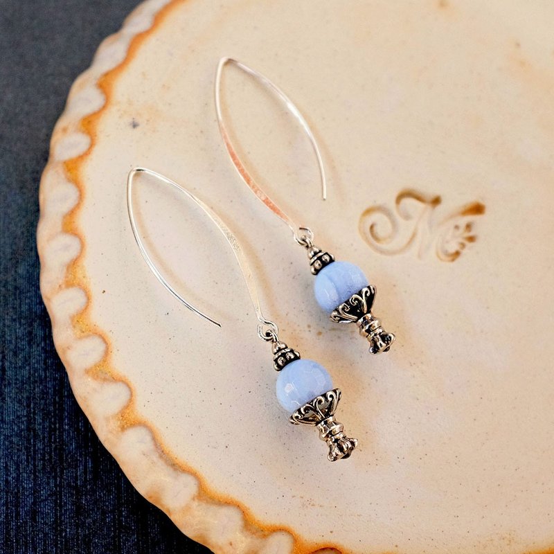 雕花宝石坠耳环-蓝玛瑙款 925纯银饰 - 耳环/耳夹 - 纯银 银色