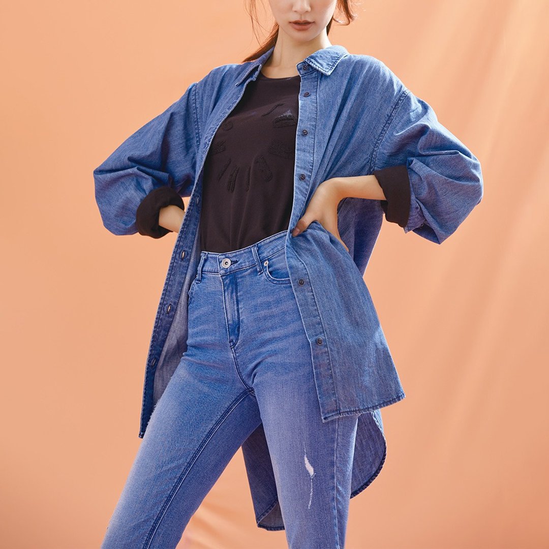 SOMETHING 简约气质长袖牛仔衬衫(中古蓝) #上衣#外套 - 女装衬衫 - 其他材质 蓝色