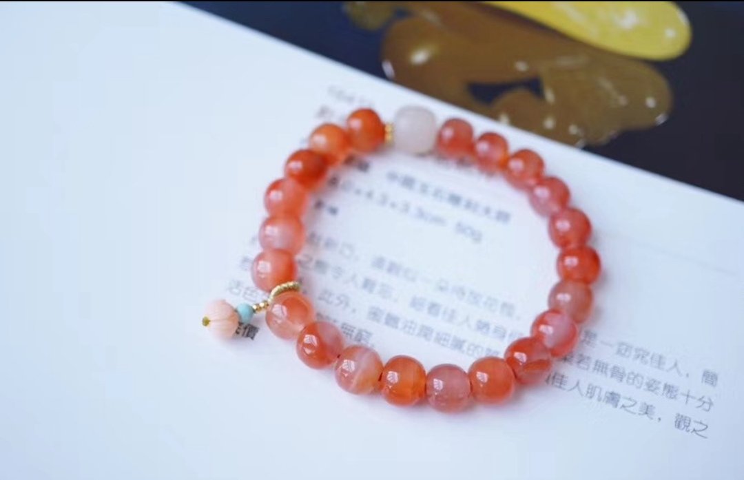 7mm天然原矿南红 momo珊瑚莲花珍珠设计单圈手持手串sm - 手链/手环 - 半宝石 红色