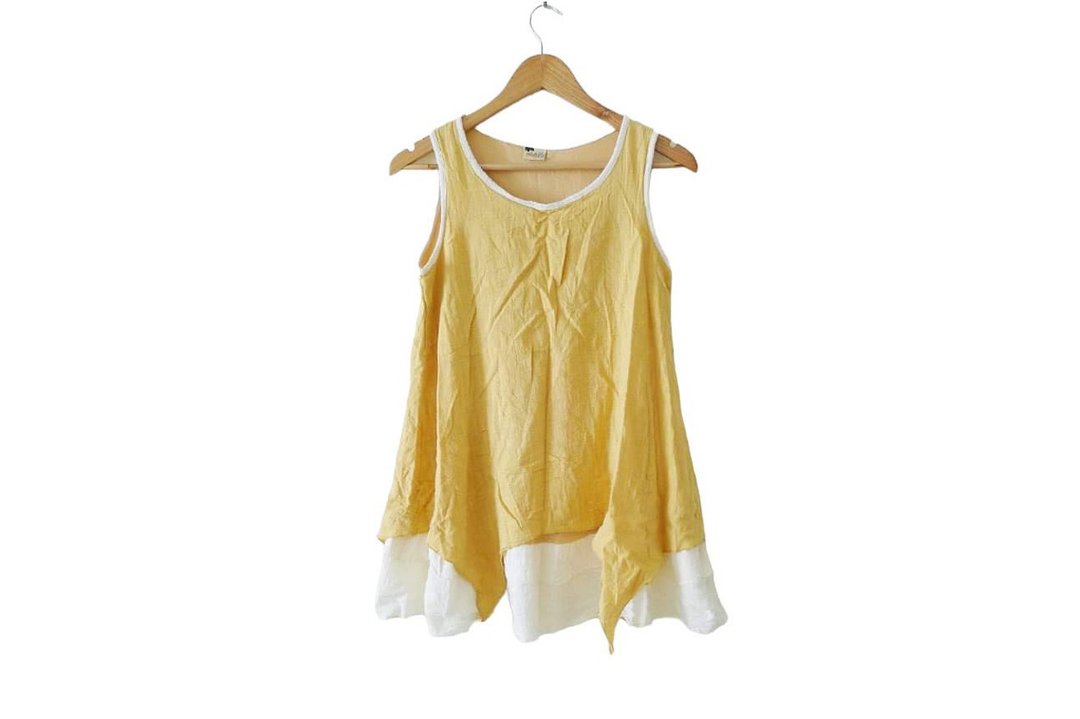 Two Layers Mustard Yellow and Cream cotton top, asymmetrical sleeveless tunic - 女装背心 - 棉．麻 黄色