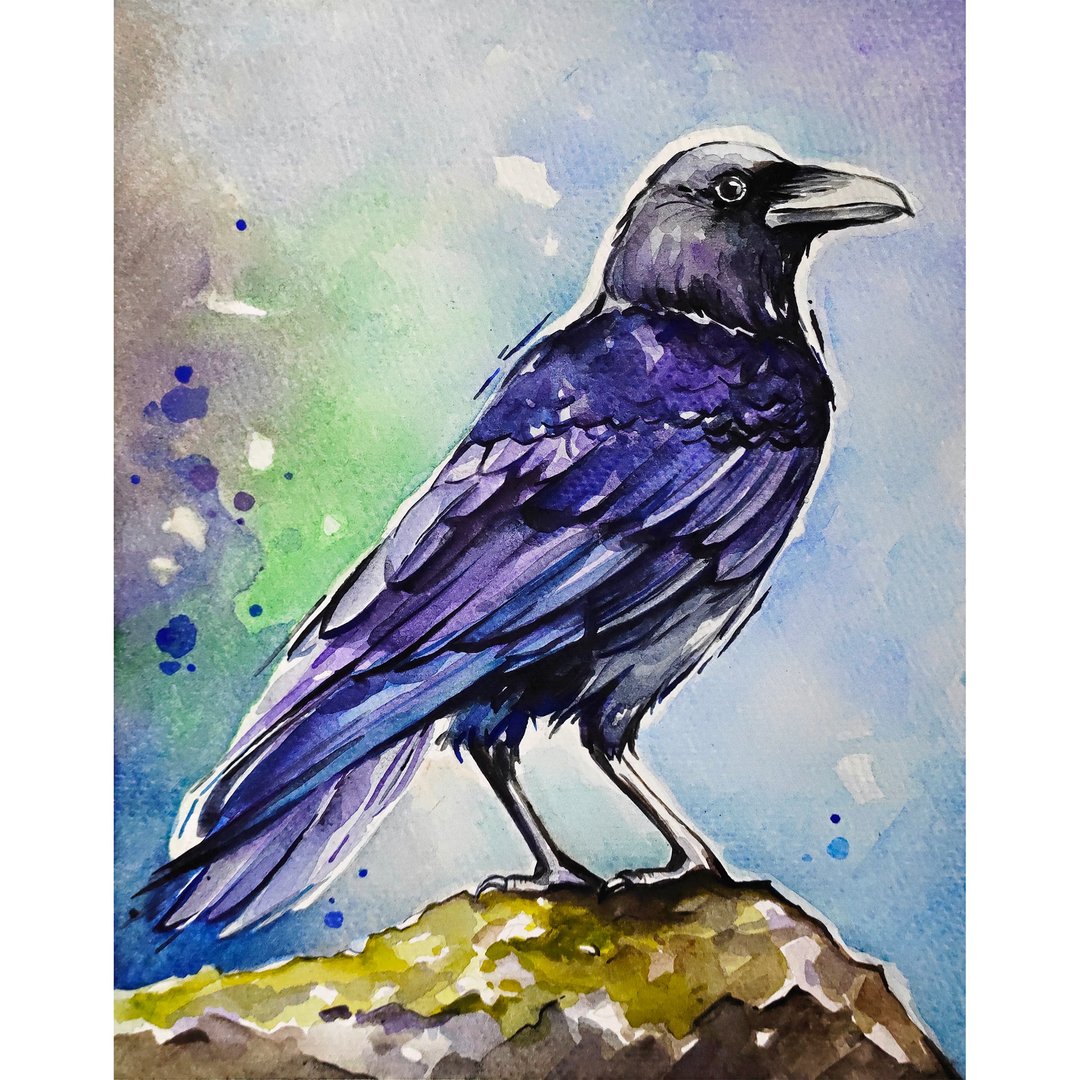 Raven painting bird original art crow artwork watercolor painting raven wall art - 海报/装饰画/版画 - 纸 蓝色
