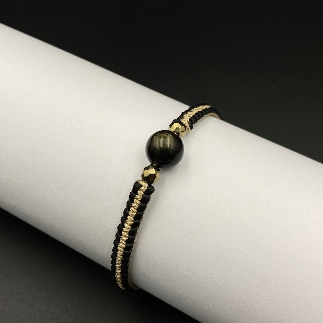 Gold Obsidian Lucky Stone Macrame Bracelet (Black-Gold Tone Stylish) - 手链/手环 - 其他材质 金色