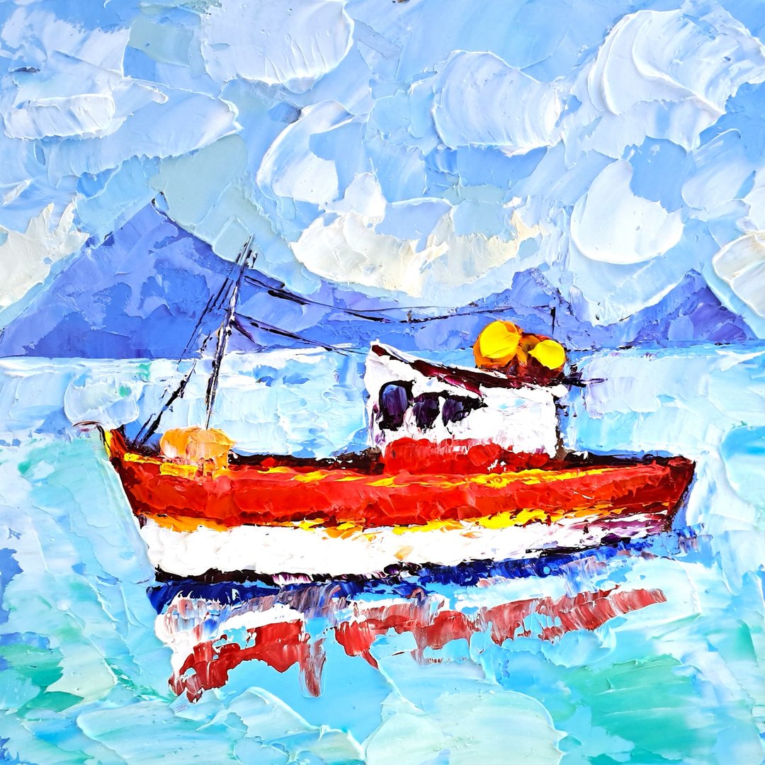 Sailboat Painting Greece Original Art Boat Impasto Oil Painting Seascape Artwork - 海报/装饰画/版画 - 其他材质 多色