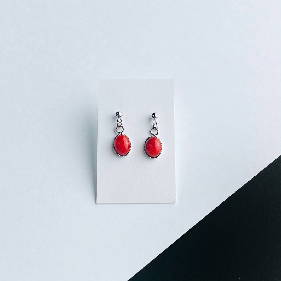 单颗宝石耳环【红宝石红 Ruby Red】景泰蓝纯银贴面耳环 - 耳环/耳夹 - 其他材质 红色