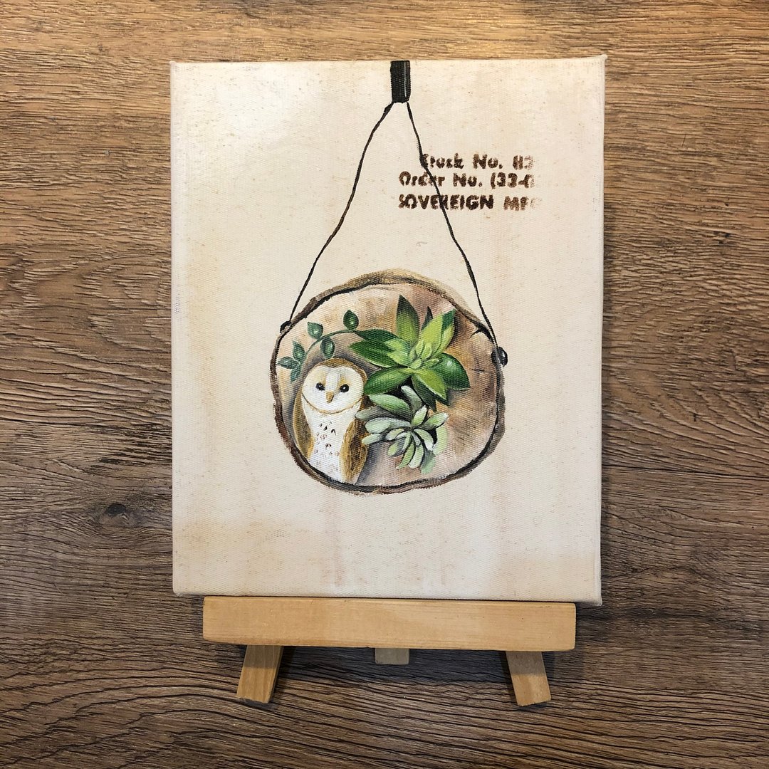 猫头鹰 油画作品 多肉植物 手工绘制 礼物 无框画 生日礼物 情人 - 海报/装饰画/版画 - 棉．麻 