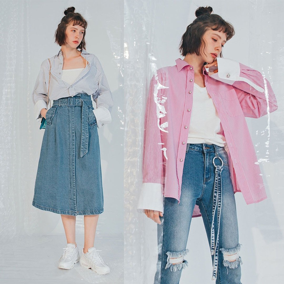 接袖撞色条纹衬衫│Who Cares 台湾服饰品牌 - 女装衬衫 - 棉 多色